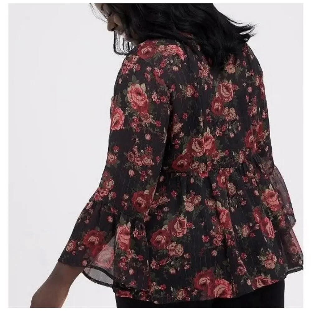 Torrid Top Blouse Black Sheer Red Rose Babydoll Chiffon Floral Plus Size 2 2X